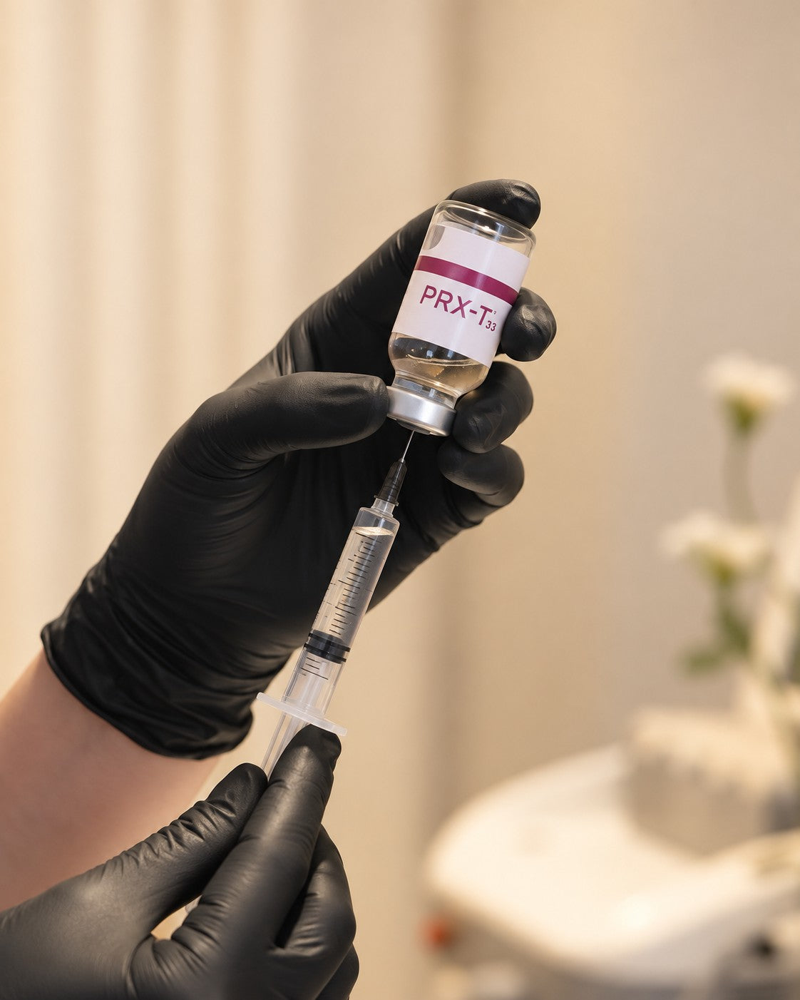 PRX-T33-Ampulle und Aufziehen des Produkts in eine Spritze